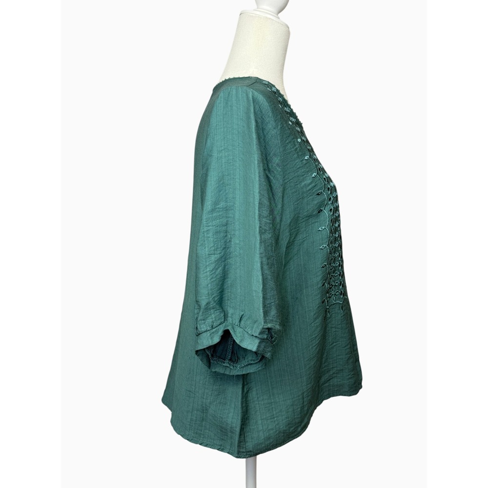 Women's Teal Embroidered Cotton Boho Top 3/4 Sleeve Relaxed Fit XL - Picture 4 of 7